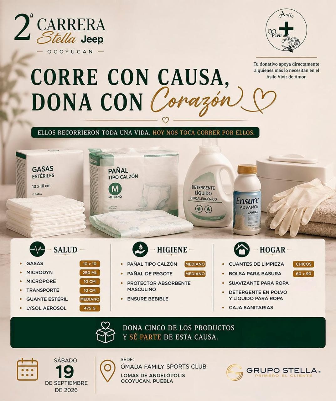 Productos de salud, higiene y hogar solicitados para donar al Asilo Vivir de Amor