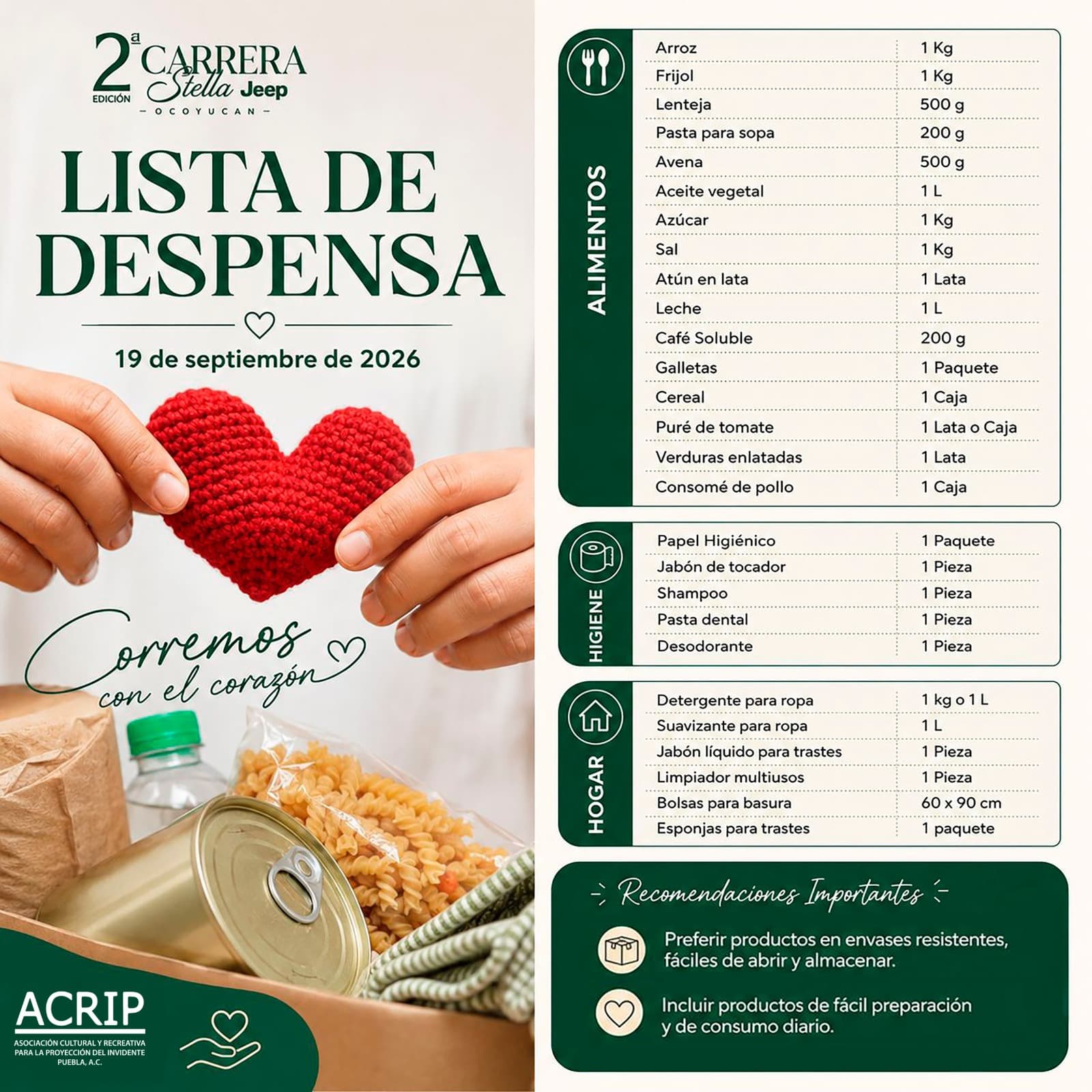 Lista de alimentos, productos de higiene y artículos para el hogar solicitados por ACRIP